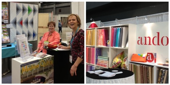 Andover Fabrics booth and Vickie Anderson and Carol Zentgraf at the Modern Quilting Unlimited booth. MQU was one of the sponsors